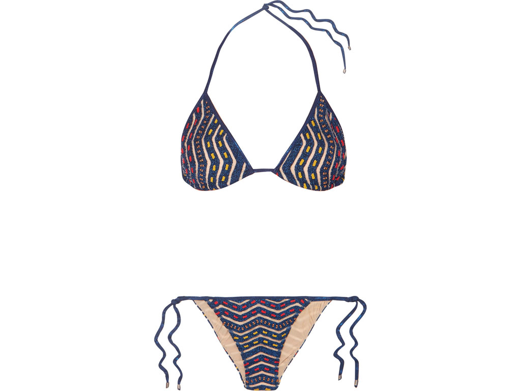 Missoni. Bikini a triangolo con sottoseno regolabile e slip con fiocchi laterali regolabili in maglia lamé con fantasia a zig zag e pois, foderato in lycra.