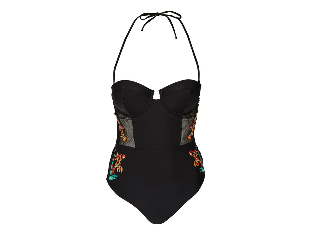 Top Shop. Costume intero strutturato modello bustier con ricami floreali sul fianco ed inserti in tulle trasparente.