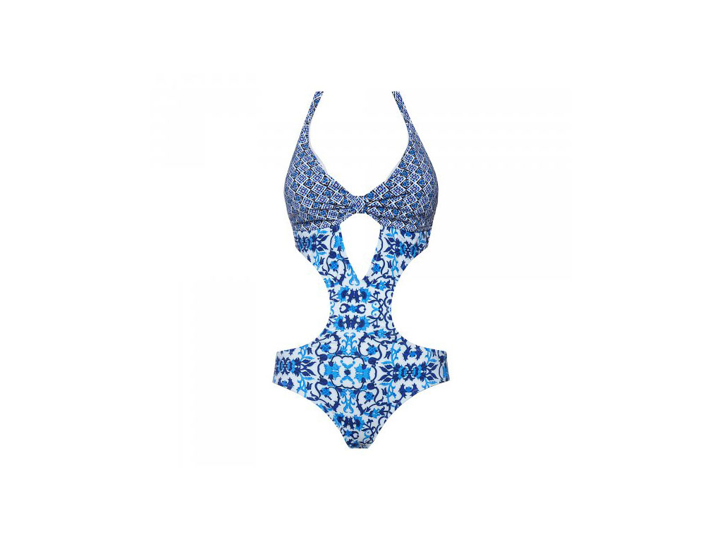 Yamamay. Costume intero da donna della linea “Summer Petra”. È un sensuale trikini con bretelle realizzato in tessuto sui toni del blu e dell'azzurro su fondo bianco.