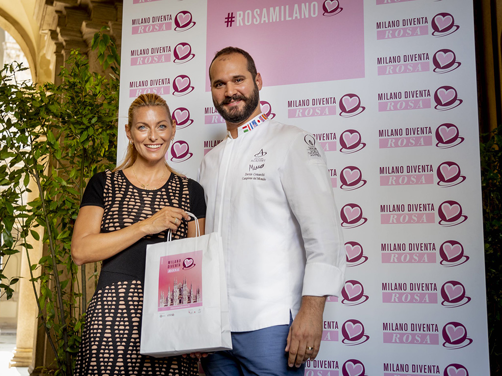Federica Fontana e Davide Comaschi, Ambassador del progetto Milano diventa Rosa durante la conferenza stampa.