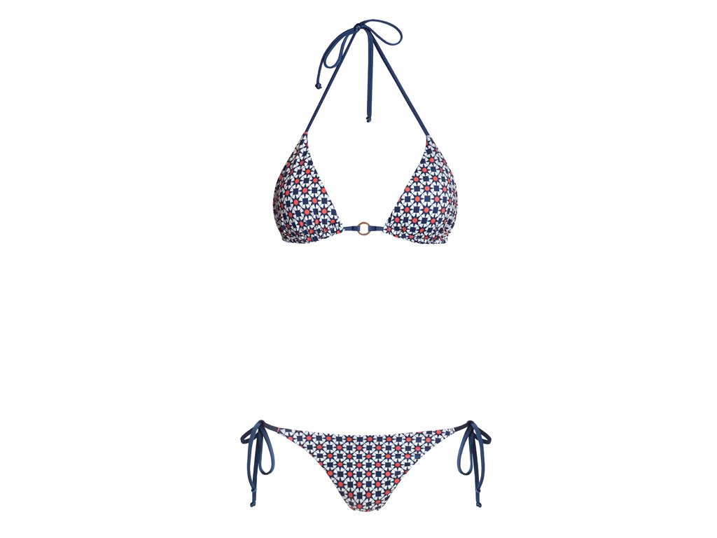Miss Bee Beachwear. Costume due pezzi modello “Cris”. Slip con laccetti e reggiseno a triangolo imbottito con fantasia geometrica.