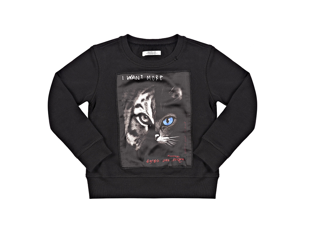 Replay & Sons. Felpa girocollo in mosto cotone con polsini in maglia unita a costine con stampa gatto.