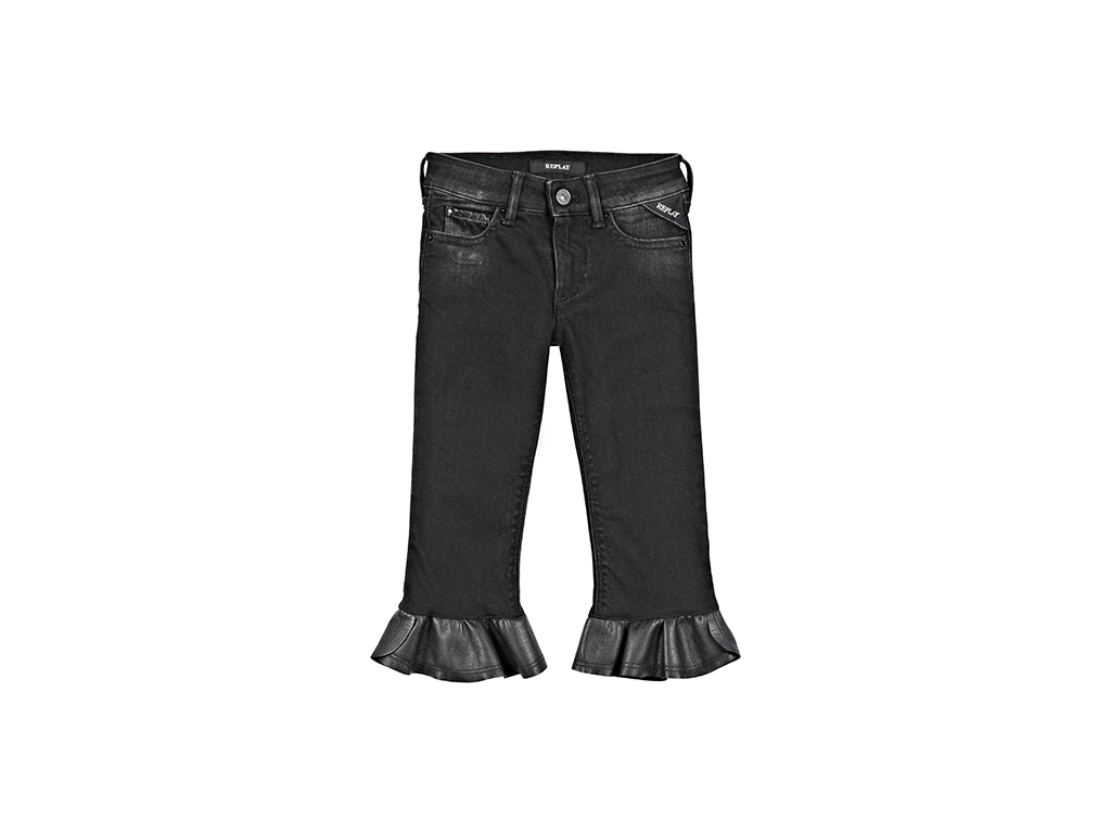 Replay & Sons. Il Jeans skinny fit in colore nero lavato e dettaglio balza in ecopelle al fondo della gamba.
