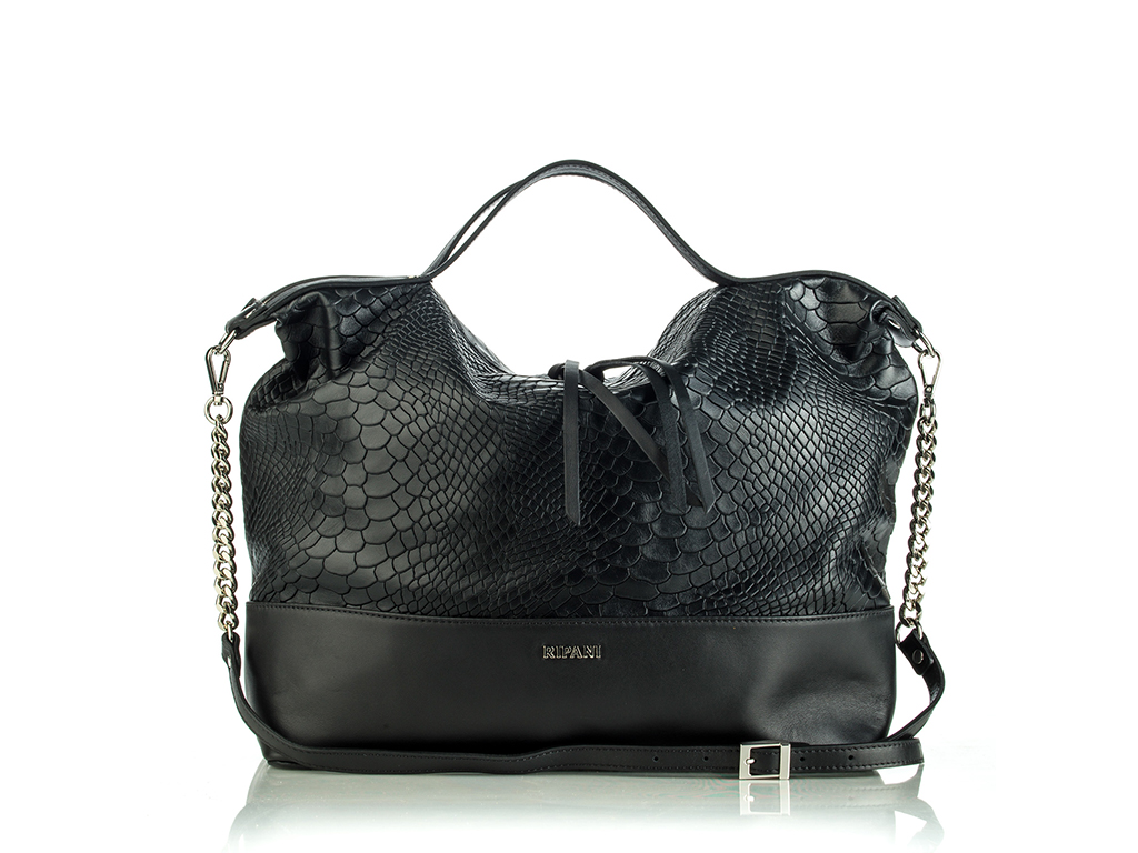 Ripani. Borsa nera con tracolla in pelle stampa cocco con doppio manico e tracolla a catena.
