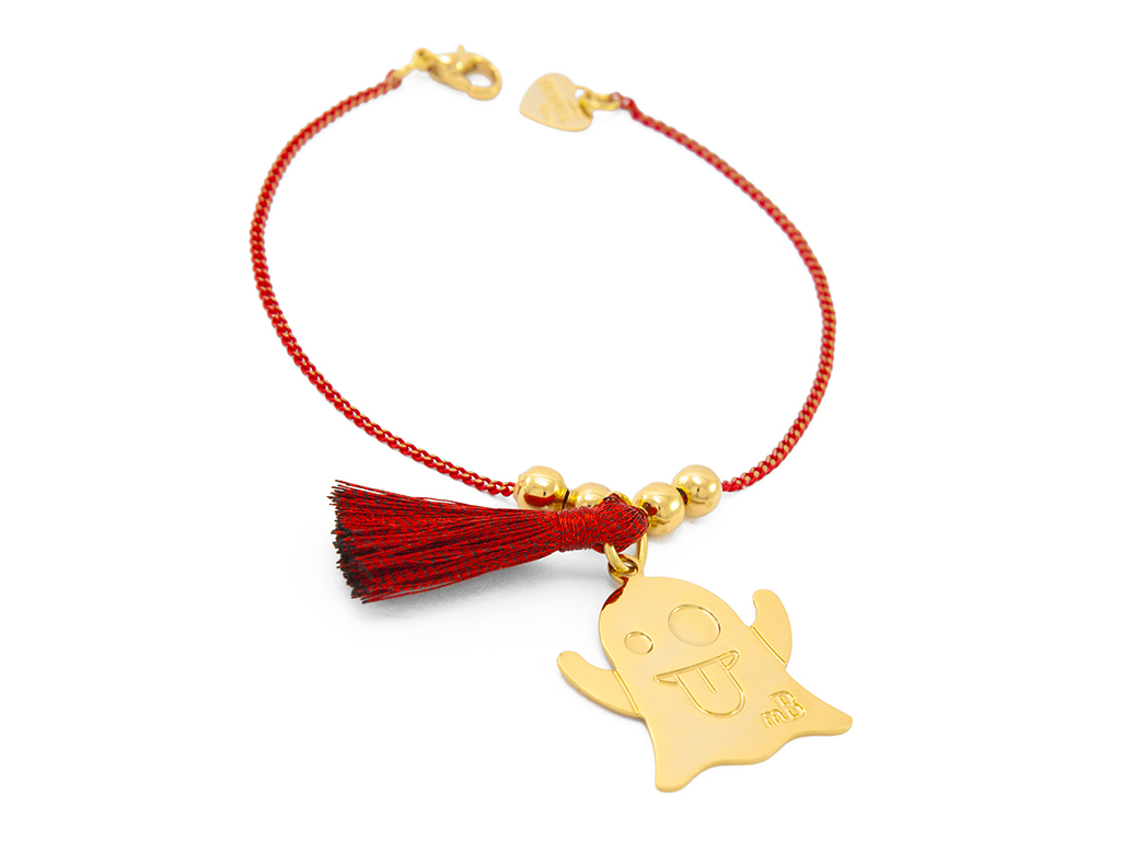 Milano Bijoux. Collana con catena rossa con nappina ton sur ton con piccole boule dorate e fantasmino sorridente.