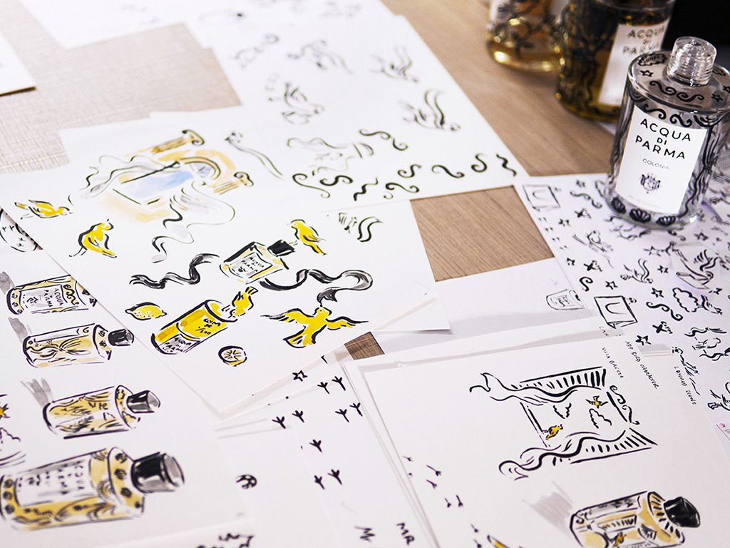 Acqua di Parma. I disegni preparatori di Clym Evernden per l’artist edition di Colonia.
