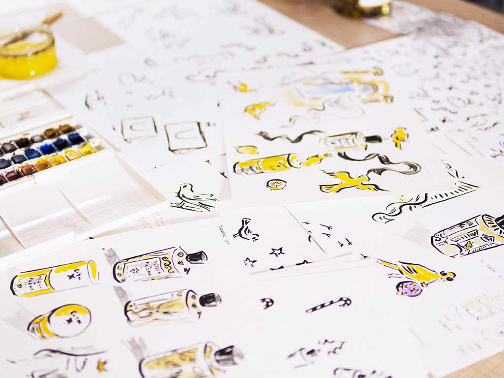 Acqua di Parma. I disegni preparatori di Clym Evernden per l’artist edition di Colonia.
