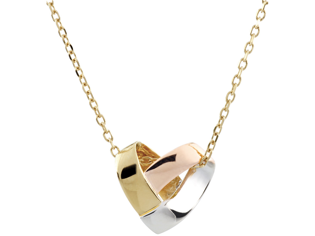 Edenly. Collier con cuore realizzato in oro bianco, oro giallo e oro rosa dall’originale motivo pliage. Collezione Primavera/Estate 2019.