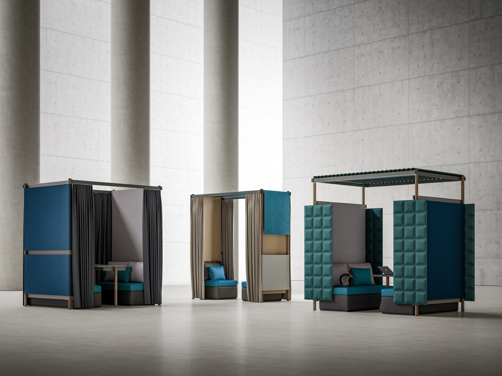 Faram 1957. Collezione Bahlara. Nelle alcove, la sovrapposizione di materiali, tessuti con trame e colori diversi nelle tende, nei pannelli orizzontali e nelle coperture tessili, giocando tra di loro sviluppano un’insonorizzazione performante, accogliente e avvolgente.