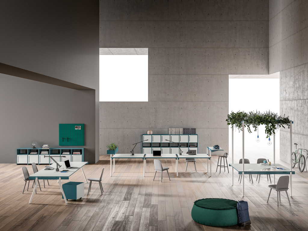 Faram 1957. Collezione Bahlara. Tre diverse postazioni di coworking, con piano unico o con diversi piani collegati tra loro. Le gambe scorrono lungo la trave, si allungano e diventano un pergolato, un tetto giardino, per alloggiare piante, luci e oggetti sospesi.