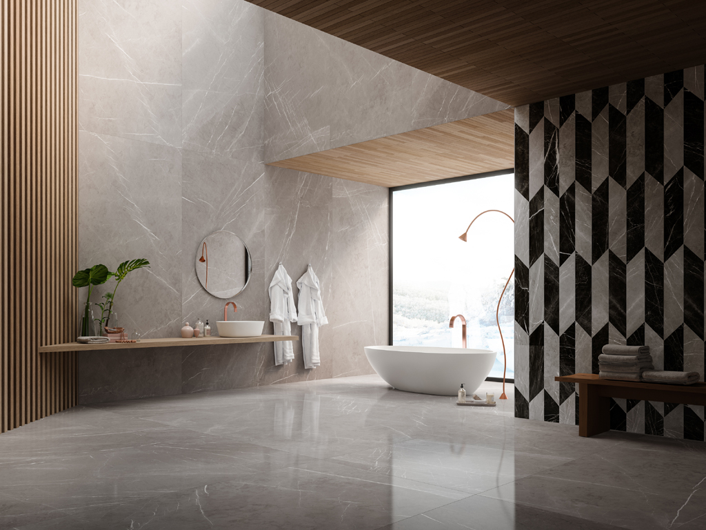 Ceramiche Refin. Il rinnovato gusto per i materiali lapidei si declina nella collezione “Prestigio”. I marmi naturali sono proposti valorizzando le loro tipiche sfumature di colore e le venature originali messe in risalto dalla preziosa finitura lucida. In sei colori, anche nel grande formato 120x278 cm.