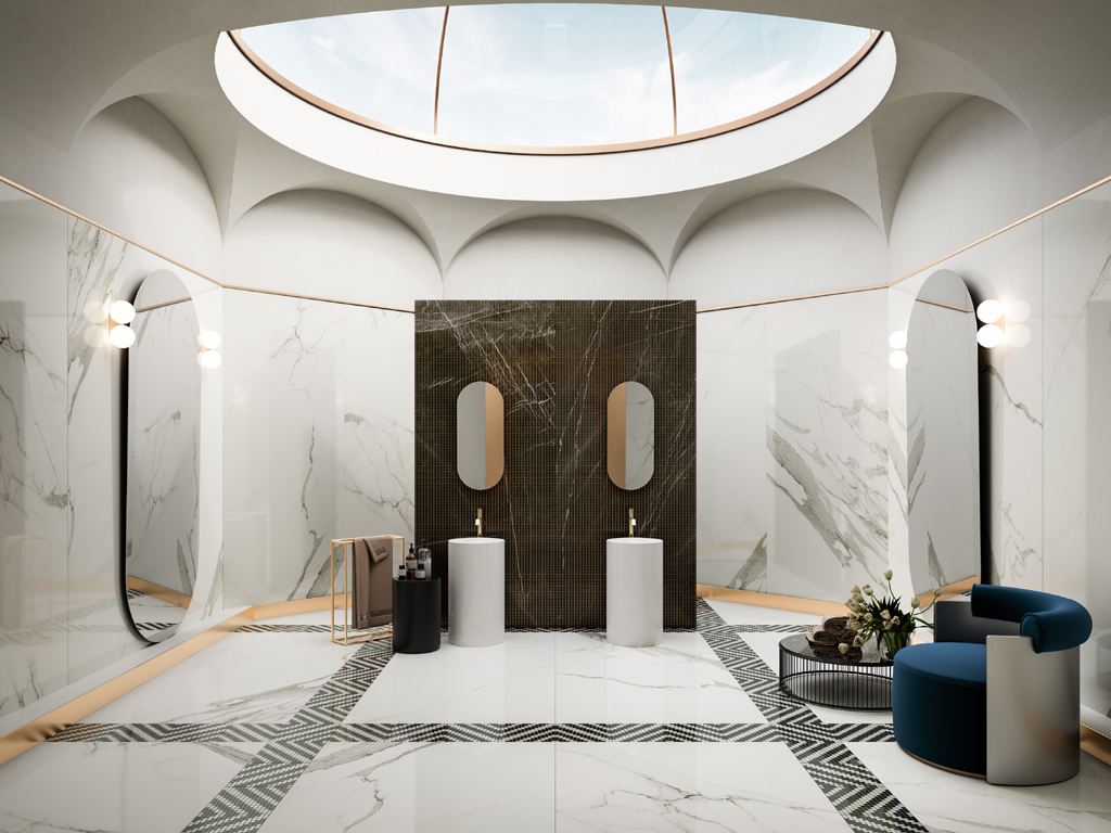 Ceramiche Refin. Il rinnovato gusto per i materiali lapidei si declina nella collezione “Prestigio”. I marmi naturali sono proposti valorizzando le loro tipiche sfumature di colore e le venature originali messe in risalto dalla preziosa finitura lucida. In sei colori, anche nel grande formato 120x278 cm.