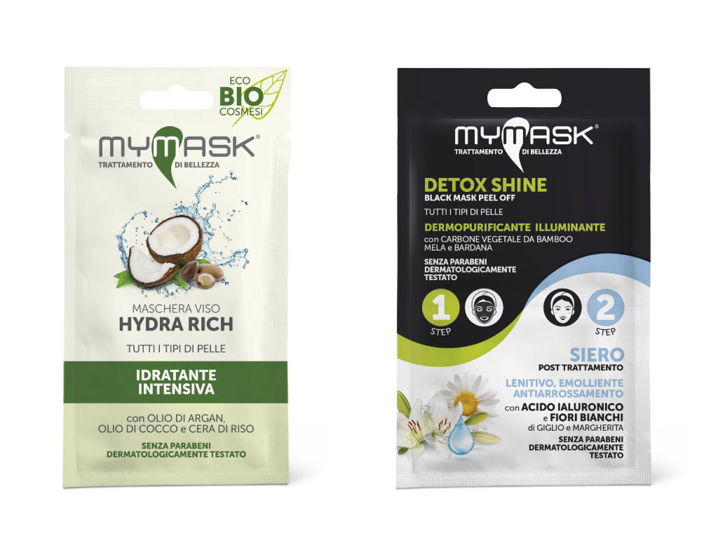 MY MASK®. Linea di maschere per il viso. Sono 12 per rispondere a tutti i principali bisogni della pelle. Nella foto. La maschera “Hydra Rich Bio” ricca e cremosa che reidrata intensamente rinforzando la barriera cutanea. Contiene: Olio di Cocco, Olio di Argan e la Cera di Riso (bustina da 10 ml, prezzo al pubblico 2.21 Euro). La maschera “Viso Detox Shine”, dermopurificante illuminante contiene fitoestratto di Bardana e Succo di Cetriolo dalle proprietà nutrienti e rinfrescanti. La Mela e la Vitamica C rendono la pelle luminosa ed omogenea. Senza parabeni. (Bustina 10 ml, prezzo al pubblico 2.21 Euro).