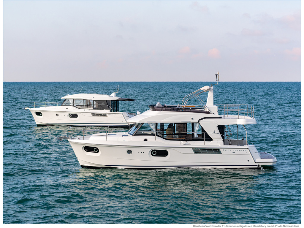 Bénéteau. Swift Trawler 41. Disponibile in versione Sedan, per navigazioni in condizioni di vento più forte e per piacevoli crociere in acque interne e nella versione Flybridge che stupisce per lo spazio e le dotazioni di cui dispone la sua zona panoramica. Photo Nicolas Claris.
