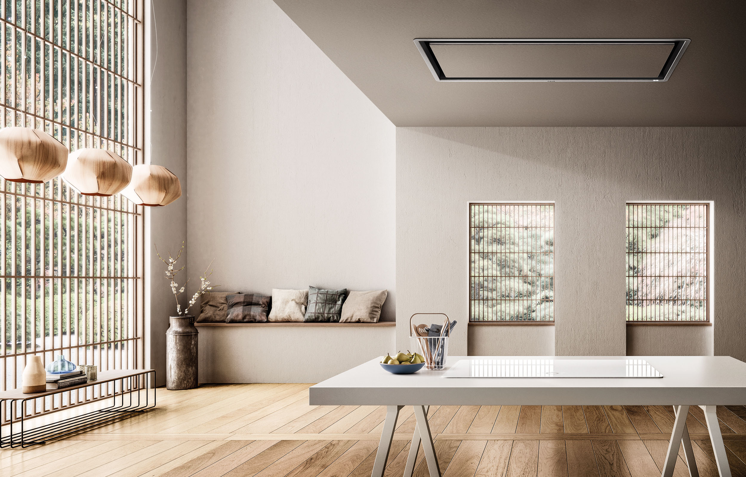 Elica. “Illusion” è una cappa ceiling a scomparsa pensata per mimetizzarsi nel controsoffitto dove è collocato il potente cuore aspirante. Due altezze, 16 o 30 cm, garantiscono più soluzioni di installazione mentre la versione con motore remoto permette di avere l’unità aspirante in posizioni differenti o esterne all’abitazione. Come un’illusione, la cappa rilascia un’elegante luce d’atmosfera celando la sorgente luminosa grazie alle strip led integrate nelle zone di aspirazione laterali. I sistemi dimmer e tune-white permettono di regolare l'intensità della luce e di modificare la temperatura di colore per avere luce calda o fredda a seconda del mood che si desidera creare. “Illusion” è dotata del sistema brevettato Super Easy Installation che rende l’operazione di installazione facile e veloce. Tutti i modelli sono in versione aspirante, ma possono essere installati in modalità filtrante attraverso l’integrazione degli accessori filtri e griglie ricircolo aria.