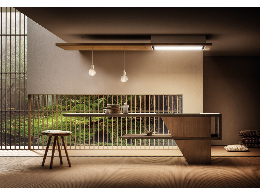 Elica. “Lullaby” si propone come una grande mensola di 120 cm in legno di rovere naturale con effetto invecchiato, sospesa nell’aria, al di sopra della quale è celato il sistema aspirante. La parte visibile rivolta verso il piano cottura è dedicata all’aspirazione dell’aria attraverso i 3 metri perimetrali del grande pannello luminoso con 28 watt di LED full light. La luce rappresenta l’elemento fondamentale del progetto: è possibile infatti modularne l’intensità e la tonalità. Da un tono molto caldo, per vivere momenti intimi e conviviali, fino ad un colore freddo, ideale durante la preparazione dei cibi in cui ogni dettaglio è importante. Mensole aggiuntive per personalizzare la cappa e punti luce secondari sono fra i plus più interessanti di questo modello.