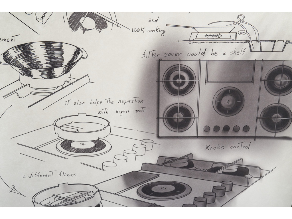 Elica. In evidenza nel disegno le componenti del piano cottura aspirante a gas “NikolaTesla Flame”. (photo Marco Scarpa)