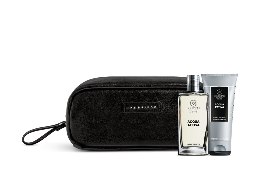 Collistar e The Bridge. Dalla Linea Profumo la Travel-Bag nera con Acqua Attiva Eau de Toilette da 50 ml + Doccia-Shampoo da 50 ml..Prezzo euro 40,00.