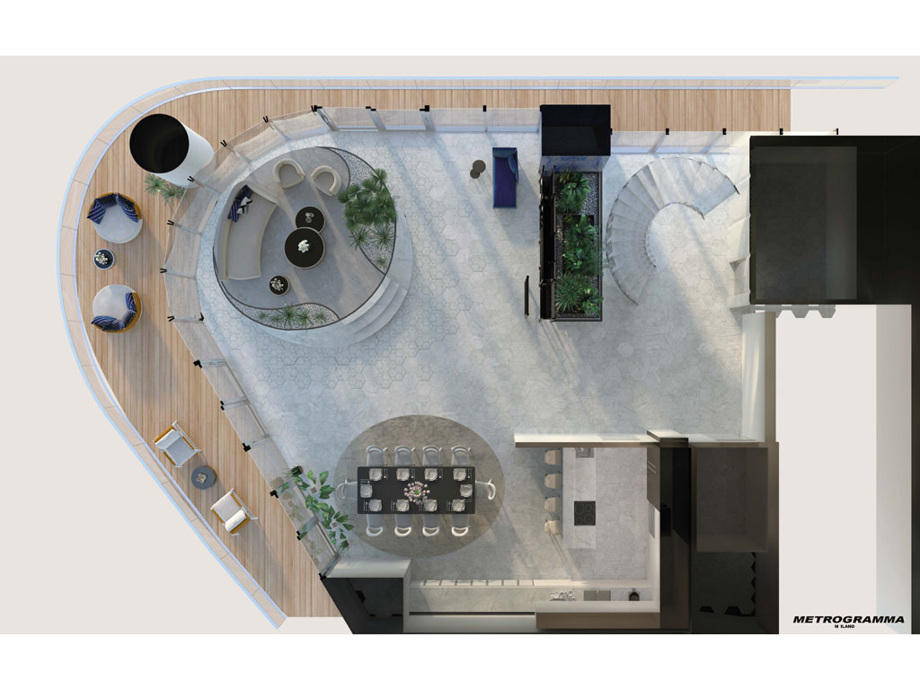 Fontanot. Andrea Boschetti - fondatore con Alberto Francini dello studio di architettura Metrogramma - ha reso Diva protagonista in una lussuosa Penthouse a Miami. Il rendering.