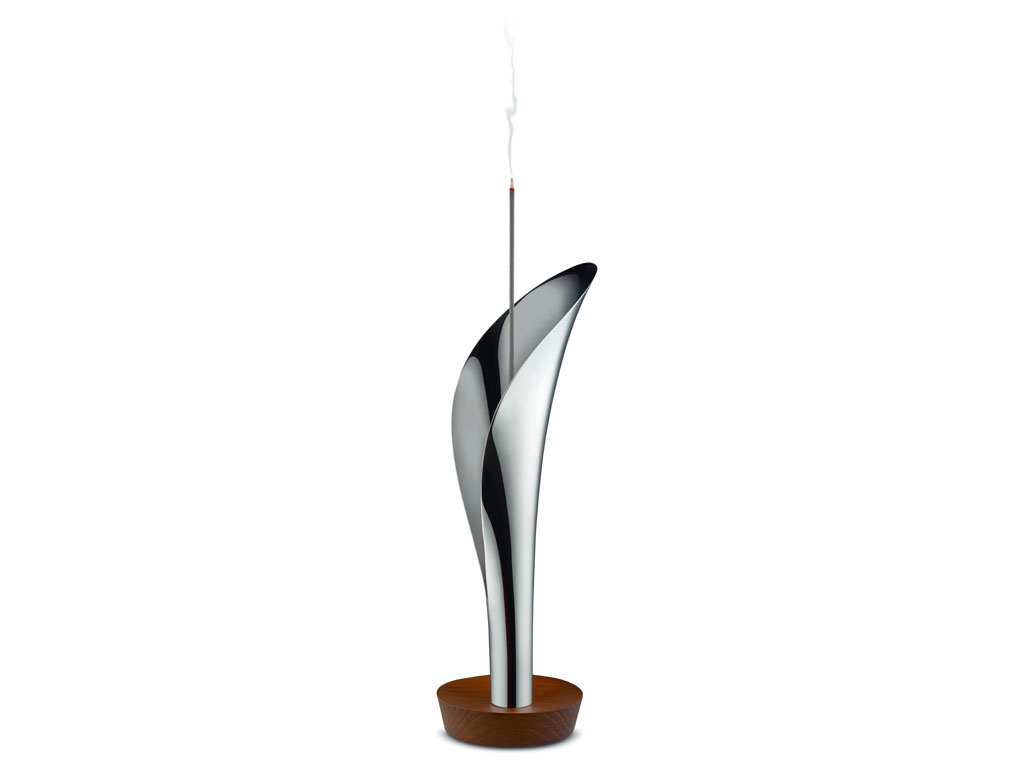 Alessi. Lily. Design, Marcel Wander. Bruciaincenso in acciaio inossidabile 18/10 con base in legno. (Ø cm 9 - h cm 26. Prezzo al pubblico 45,00 euro).