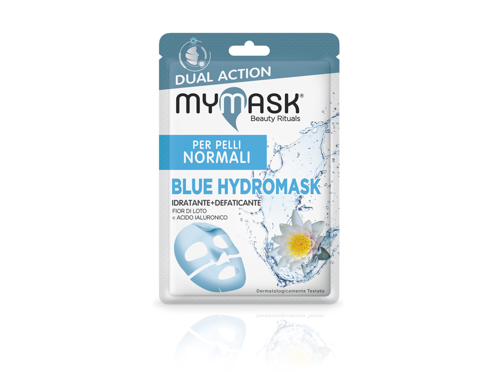 My Mask®. Nell’immagine la maschera Blue Hydromask dalle proprietà idratanti e defaticanti, formulata per le pelli normali. Ingredienti: l’Estratto di Fior di Loto dall’azione nutriente agisce su zigomi e mento per un incarnato idratato e luminoso; l’Acido Ialuronico agisce sul contorno occhi e sulla fronte idratandoli in profondità per un viso disteso e fresco. Prezzo consigliato: euro 4,90.