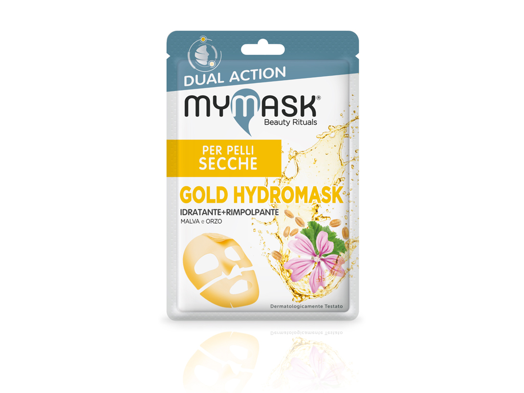 My Mask®. Nell’immagine la maschera Gold Hydromask dalle proprietà idratanti e rimpolpanti, formulata per pelli secche. Ingredienti: la Malva dall’azione emolliente agisce su zigomi e mento per una pelle elastica e dal colorito uniforme; l’Estratto di Orzo agisce sul contorno occhi e sulla fronte con un effetto lenitivo e idratante. Prezzo consigliato: euro 4,90.