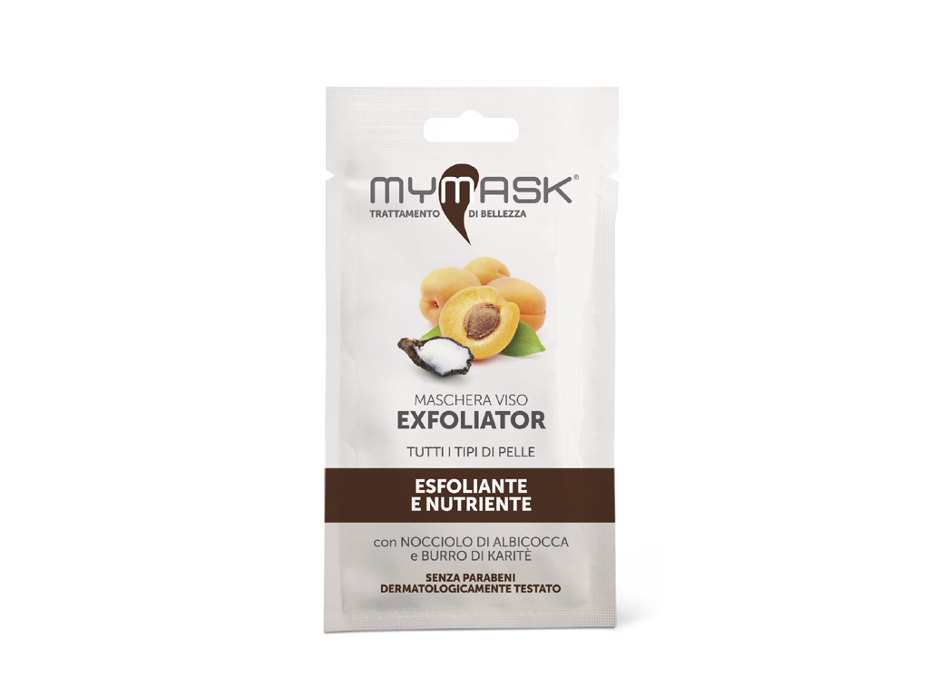 My Mask®. Original. Nell’immagine la maschera Exfoliator dall’azione nutriente e purificante. Il Nocciolo di Albicocca e la Polvere di Riso svolgono un delicato effetto scrub eliminando le cellule morte e le impurità sul viso. Il Burro di Karitè infine nutre in profondità. Prezzo: euro 2,00. Formato: 10 ml.