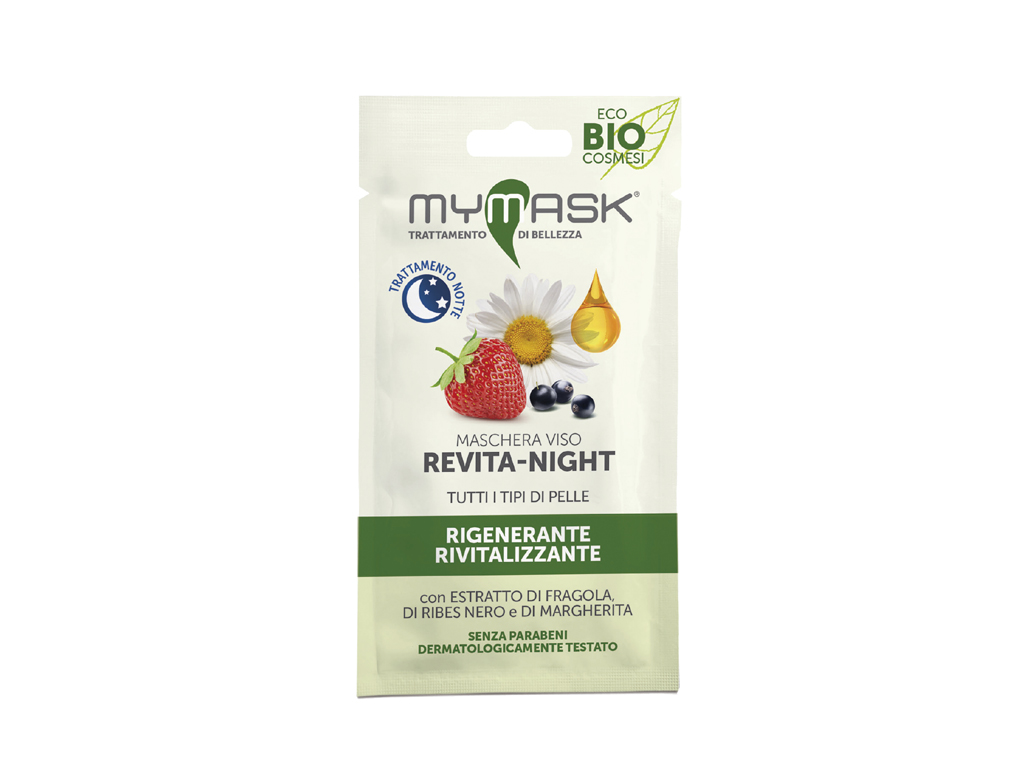 My Mask®. Linea Bio. Nell’immagine la maschera notturna Revita Night, da applicare sul viso dopo giornate impegnative e cariche di stress per rivitalizzare la pelle del viso. Ingredienti: il Burro di Karitè dalle proprietà nutrienti ed emollienti e l'Olio di Mandorle dolci che migliorano la tonicità e l'elasticità. Estratti di Fragola e Lampone vanno a completare il trattamento per un effetto rifrescante e luminoso. Prezzo: euro 2,21. Formato: 10 ml.