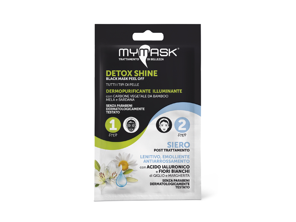 My Mask®. Detox Black Mask. Nell’immagine la maschera viso Detox Shine, dermopurificante illuminante senza parabeni. Ingredienti: fitoestratto di Bardana e succo di Cetriolo, dalle proprietà nutrienti e rinfrescanti, Mela e Vitamina C per rendere la pelle luminosa ed omogenea. Prezzo: euro 2,21. Formato: 10 ml.