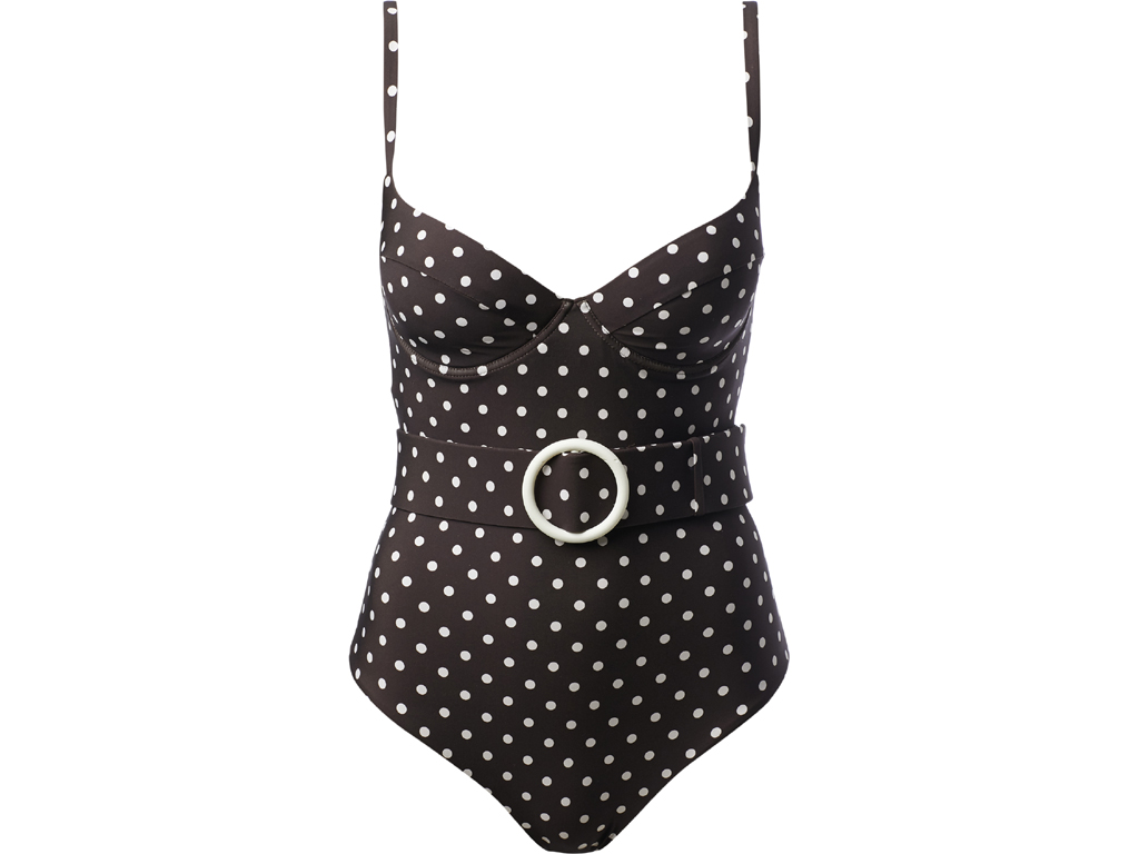 Calzedonia. Costume “Roberta” in microfibra con ferretto e leggera imbottitura per un effetto balconcino. Con spalline regolabili, fodera interna e cintura con anello. pois.