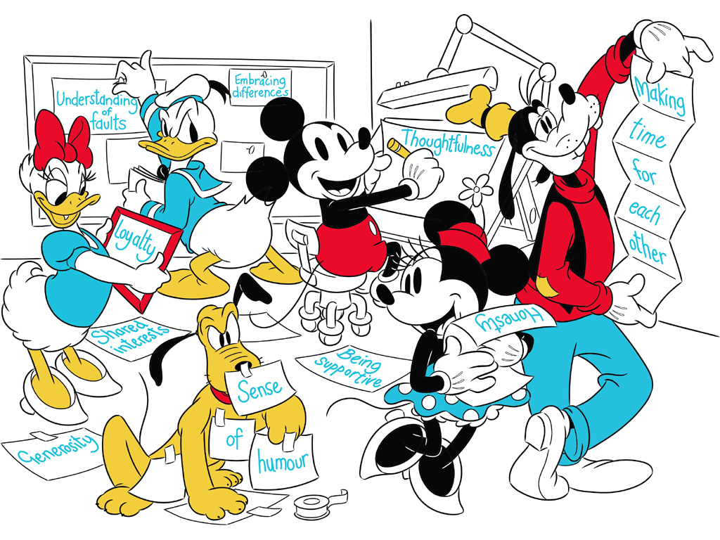 Disney. 30 luglio 2020, Giornata Internazionale dell’Amicizia. I 10 tratti fondamentali di un’amicizia duratura, secondo novant’anni di avventure vissute da Topolino e i suoi amici: 1_Lealtà (come Pluto che è sempre al fianco di Topolino); 2_Onestà (anche se non è sempre quello che vogliono sentire, i sei sono sempre onesti l’uno con l’altro); 3_Gentilezza (come Paperino che inizia un lavoro extra per il suo grande appuntamento con Paperina); 4_Comprendere i reciproci difetti (gli amici perdonano sempre i reciproci difetti, come l’irritabilità di Paperino o la sbadataggine di Pippo); 5_Condividere gli stessi interessi (come l’amore per la pesca di Topolino e Pluto); 6_Accettare le differenze (non importa se sei spiritoso come Paperina, o allegro e spensierato come Pluto); 7_Sostenere le reciproche ambizioni (come Topolino, che ha sempre sostenuto la carriera e le aspirazioni di Minni); 8_Condividere lo stesso senso dell’umorismo (puoi ridere sempre come Topolino, o fare battute comiche come Pippo); 9_Dedicare il proprio tempo all’altro (un tema ricorrente con Topolino e Minni); 10_Essere premurosi (una caratteristica dimostrata dalle feste di compleanno a sorpresa che i sei pianificano per ciascuno ogni anno).