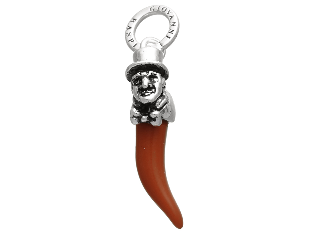 Giovanni Raspini. Pendente Gobbo Corno Rosso. Argento 925 e resina. Altezza 6,5 cm.
