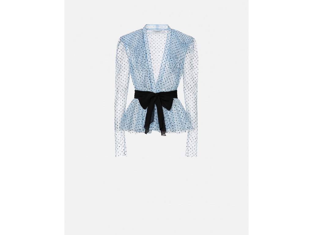 Philosophy di Lorenzo Serafini. Romantica blusa in pizzo color celeste con ruches e pois neri floccati all-over che creano un sensuale effetto see-through.