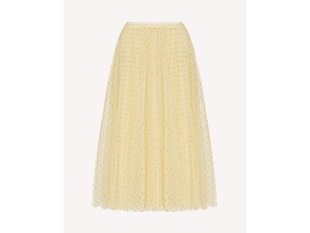 Red Valentino. Gonna plissé in tulle pois glitter con elastico in vita color vaniglia.