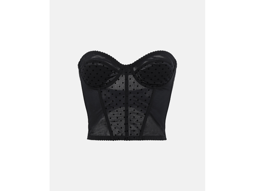 Stella McCartney. Il bustier “Yasmen Grooving Relishing” ha coppe e inserto centrale anteriore in mesh con stampa floccata e comodo elastico sul retro.