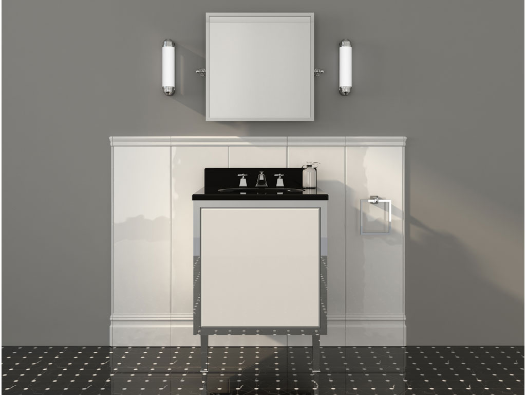 Devon&Devon. Mobile porta lavabo Jazz. Piano e alzata in marmo nero marquinha, in marmo bianco carrara o qualsiasi altro marmo. Struttura in finitura cromo, oro chiaro o nickel lucido (dimensioni 1 anta: cm. 62,2x62,4x98h).