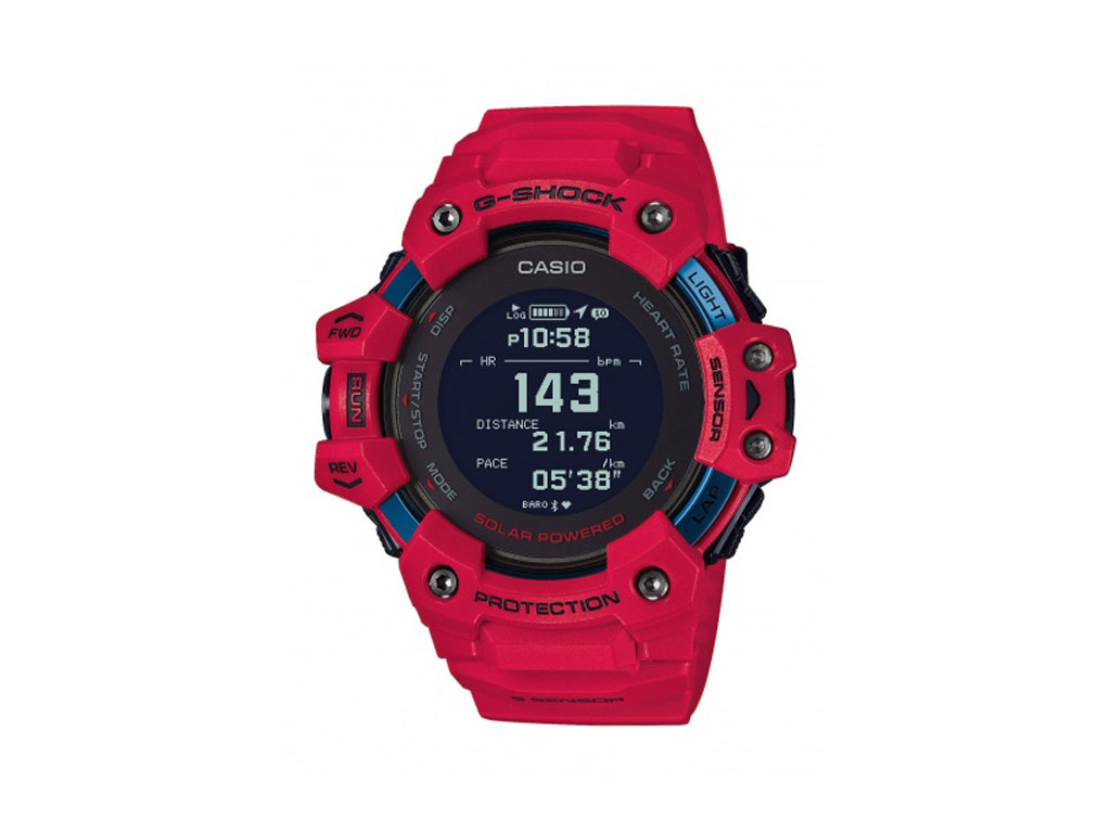 Casio. Orologio smartwatch GBD-H1000-4ER. Dotato della speciale tecnologia Bluetooth® per il risparmio energetico e sempre tramite Bluetooth® è possibile collegare l'orologio allo smartphone. Ricevitore GPS. Luce LED automatica con una semplice torsione del polso. Celle solari per ricaricare l'orologio e l'energia in eccesso viene salvata in una batteria. Calcolo delle calorie consumate. Misurazione della frequenza cardiaca e allarme se si raggiunge la soglia. Bussola digitale, barometro, termometro. Rilevazione altitudine fino a 10.000 m. Funzione ora mondiale. Ricerca telefono. Modalità aereo. Visualizzazione e-mail in entrata. Il vetro minerale è resistente ai colpi e ai graffi. Per i runner super esigenti utilizza la tecnologia GPS per misurare la velocità di corsa effettiva e la distanza percorsa. Cassa in resina, resistente, leggero e pressoché insensibile al freddo, al calore e a altre influenze esterne. Cinturino in resina, resistente e flessibile. Dimensioni: mm 63x55x20,4. Prezzo: euro 399,00.