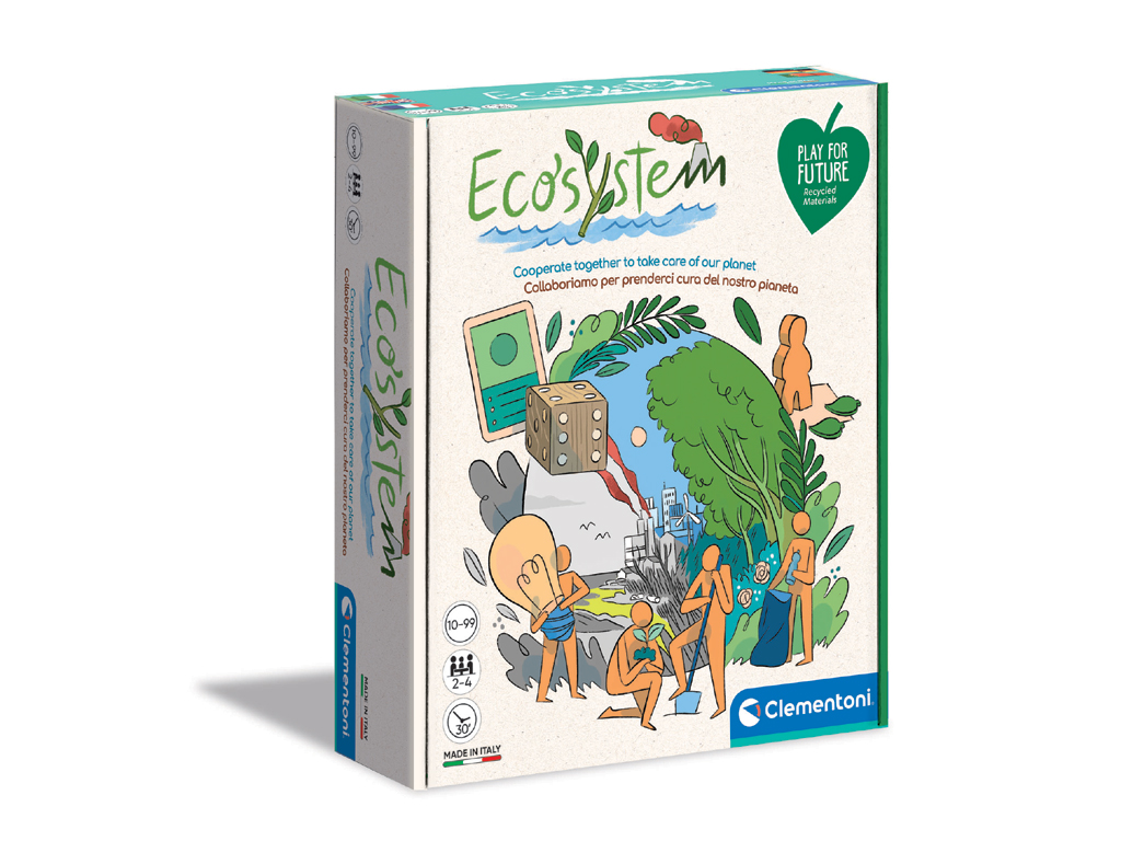 Clementoni. Prodotto Play For Future. Ecosystem è un gioco da tavolo per tutta la famiglia. Incentrato sui temi dell’ecologia e del rispetto dell’ambiente, lo scopo dei giocatori è di ripulire la Terra e aiutarla a salvaguardare le sue bellezze naturali. Si vince se tutti i giocatori raggiungono l’obiettivo. Da 10 a 99 anni. Prezzo: euro 19,99.