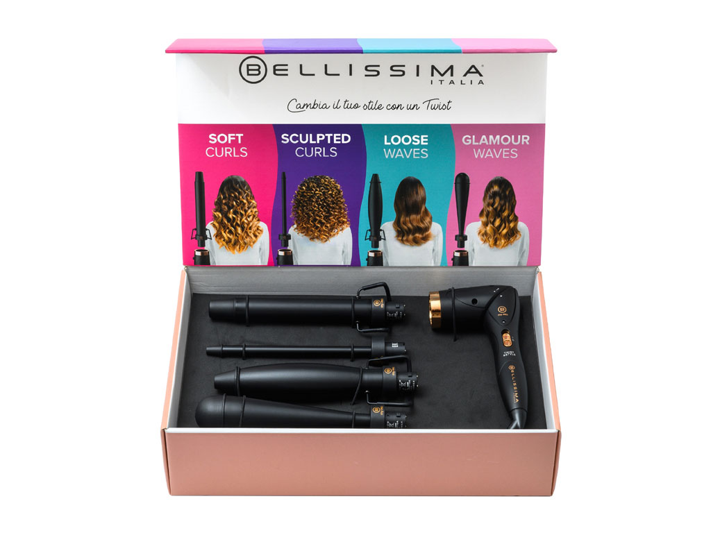 Bellissima Italia. My Pro Twist&Style. Limited edition con quattro accessori intercambiabili. Il kit contiene: base per styler componibile My Pro Twist & Style; accessorio Soft Curls, ferro riscaldato da 25 mm per ricci morbidi e definiti; accessorio Sculpted Curls, ferro riscaldato da 11 mm per ricci stretti e scolpiti; accessorio Loose Waves, ferro riscaldato ad ellisse con diametro da 26 a 38 mm per onde ampie e morbide; accessorio Glamour Waves, ferro riscaldato a forma conica inversa con diametro da 13 a 38 mm per onde naturali e glamour. Prezzo: euro 159,90.