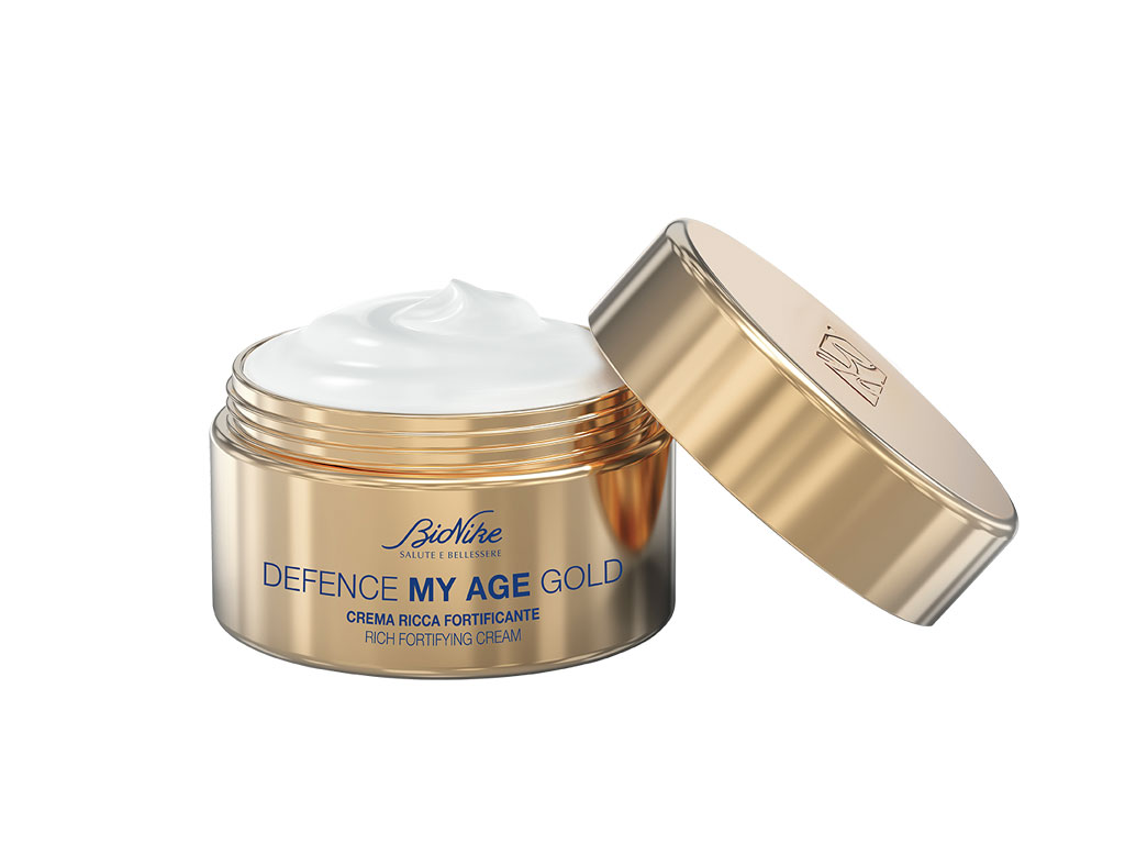 BioNike. Defence My Age Gold. Crema Ricca Fortificante. Garantisce nutrimento, luminosità e compattezza della pelle. Vaso:50 ml. Prezzo: euro 39,90.
