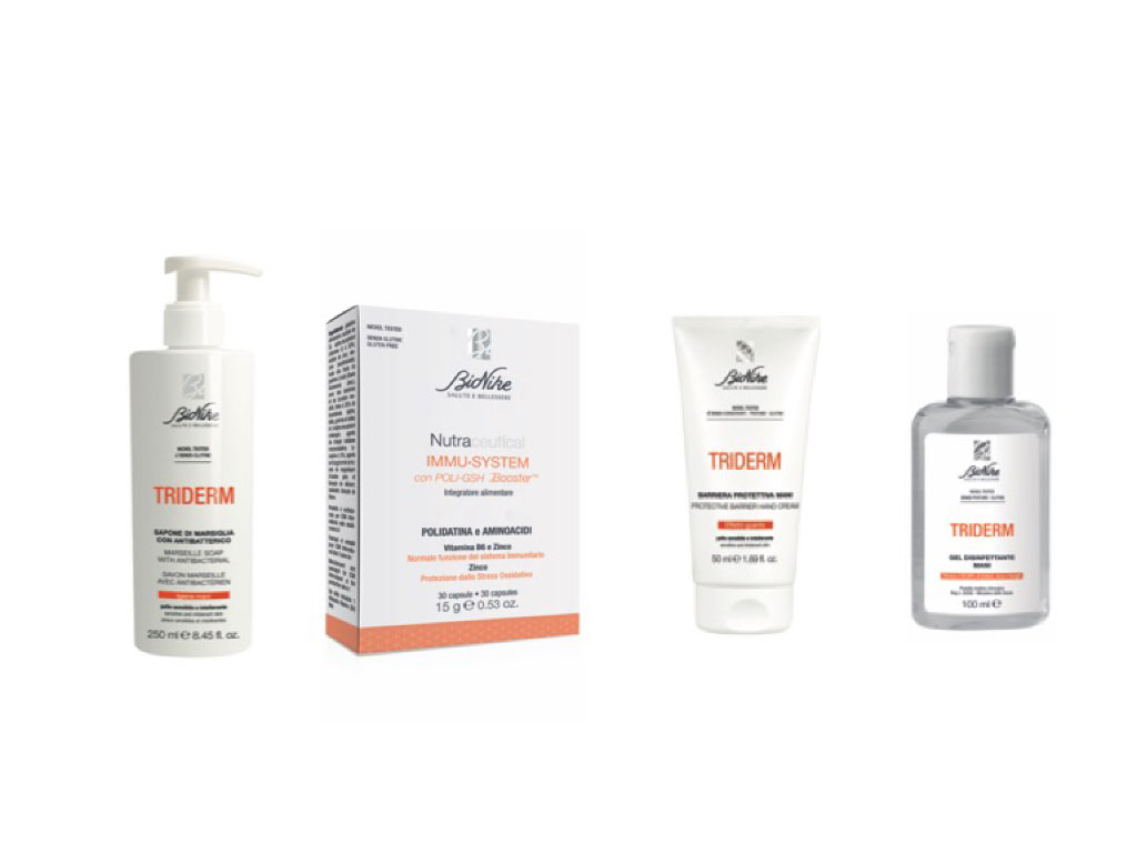 BioNike. Linea Triderm. Sapone di Marsiglia con antibatterico a base di olî vegetali saponificati e 10% di glicerina. Ideale per lavaggi frequenti. Flacone da 250ml. Prezzo consigliato: euro 7,90. Gel Disinfettante Mani a base di alcool etilico concentrato elimina il 99,99% di batteri, virus e funghi. Flacone da 100ml. Prezzo consigliato: euro 4,84. Barriera Protettiva Mani crea una barriera fisica e idro-repellente con effetto guanto sulla pelle per proteggerla dagli agenti esterni e permettendo la naturale traspirazione. Tubo da 50 ml. Prezzo consigliato: euro 9,90. Immu.System è l’integratore alimentare che lavora sul sistema immunitario e protegge dallo stress ossidativo. Confezione da 30 capsule. Prezzo consigliato: euro 24,90.