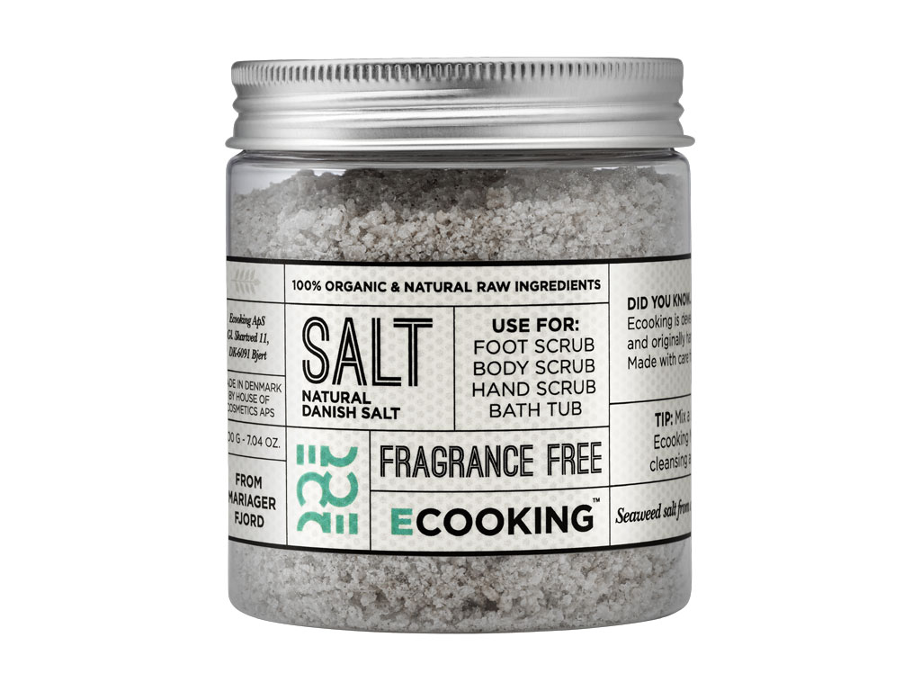 Ecooking. Salt. Scrub corpo. 100% organico e naturale ha origine dalla alghe del Fiordo di Mariager. Flacone da 200gr. Prezzo: euro 14,90.