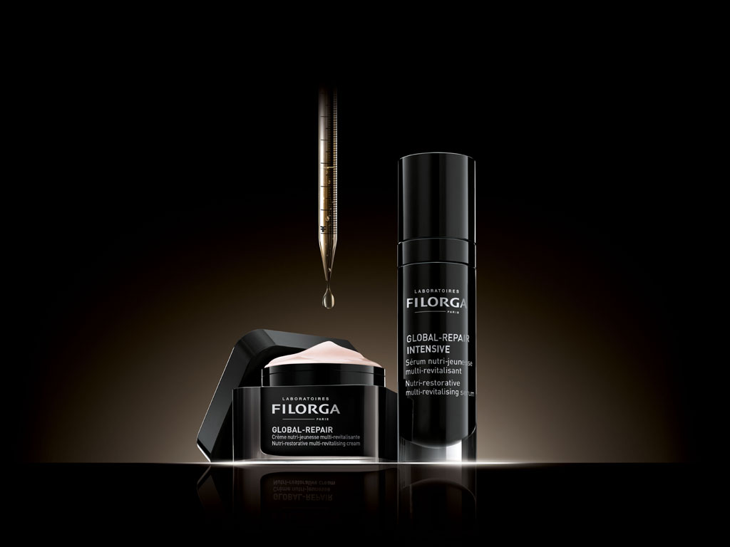 Laboratoires Filorga. Nell’immagine la Global-Repair da 50 ml. Prezzo: euro 109,00. Global-Repair Intensive da 30 ml. Prezzo: euro 109,00. New entry di quest’anno: Global-Repair Eyes & Lips da 15 ml. Prezzo:euro 79,00. Global-Repair Essence da 150 ml. Prezzo: euro 69,00.