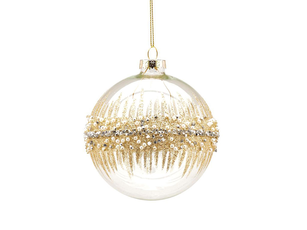 Kasanova. Boule in vetro bianca con glitter oro e perline argentate con cordoncino coordinato per appenderla all’albero. Diametro: 10 cm. Prezzo: Euro 4,72.
