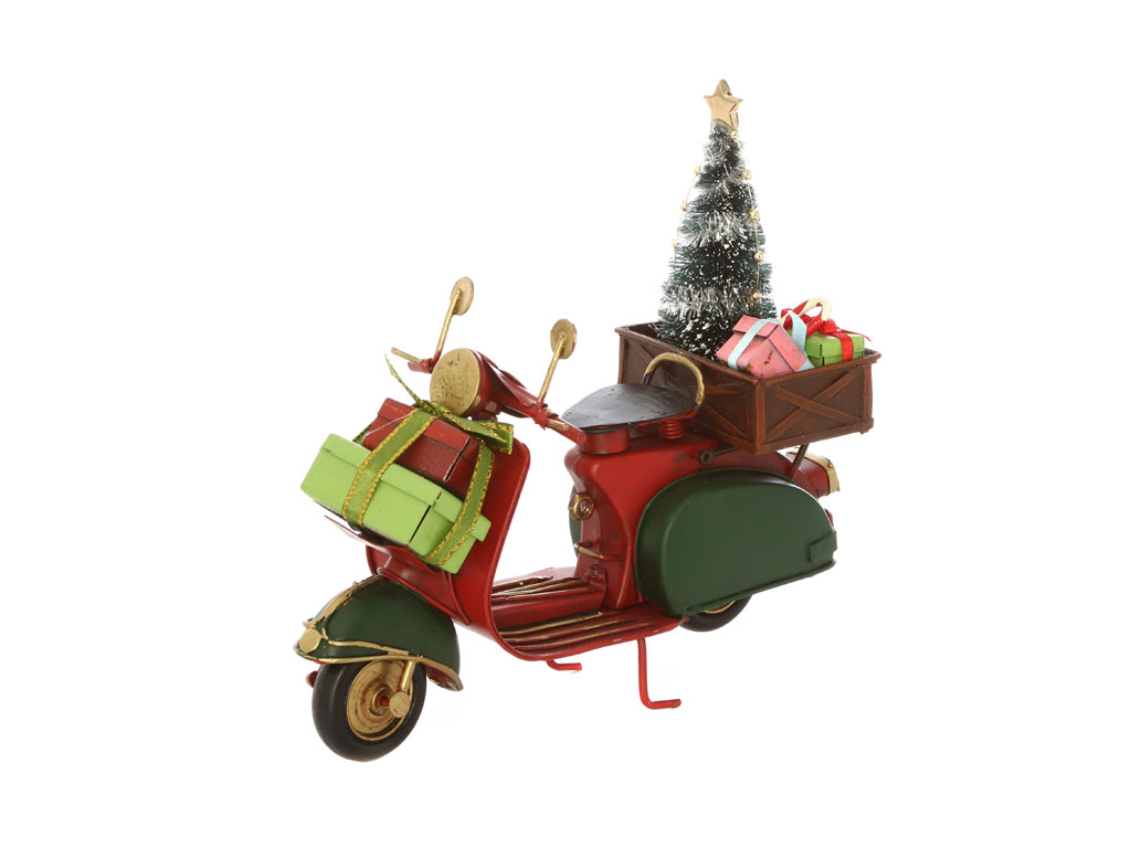 Kasanova. Scooter, decorazione di Natale in metallo. Misure: 7x16x17,5. Solida e resistente e può essere collocata su librerie, tavolini o mensole. Prezzo: Euro 27,90.