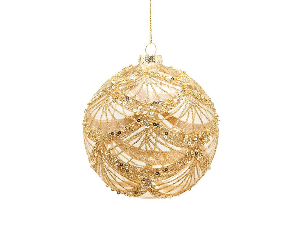 Kasanova. Boule in vetro trasparente, con rivestimento di mini paillettes dorate e cordoncino coordinato. Diametro 12 cm. Prezzo: Euro 6,32.