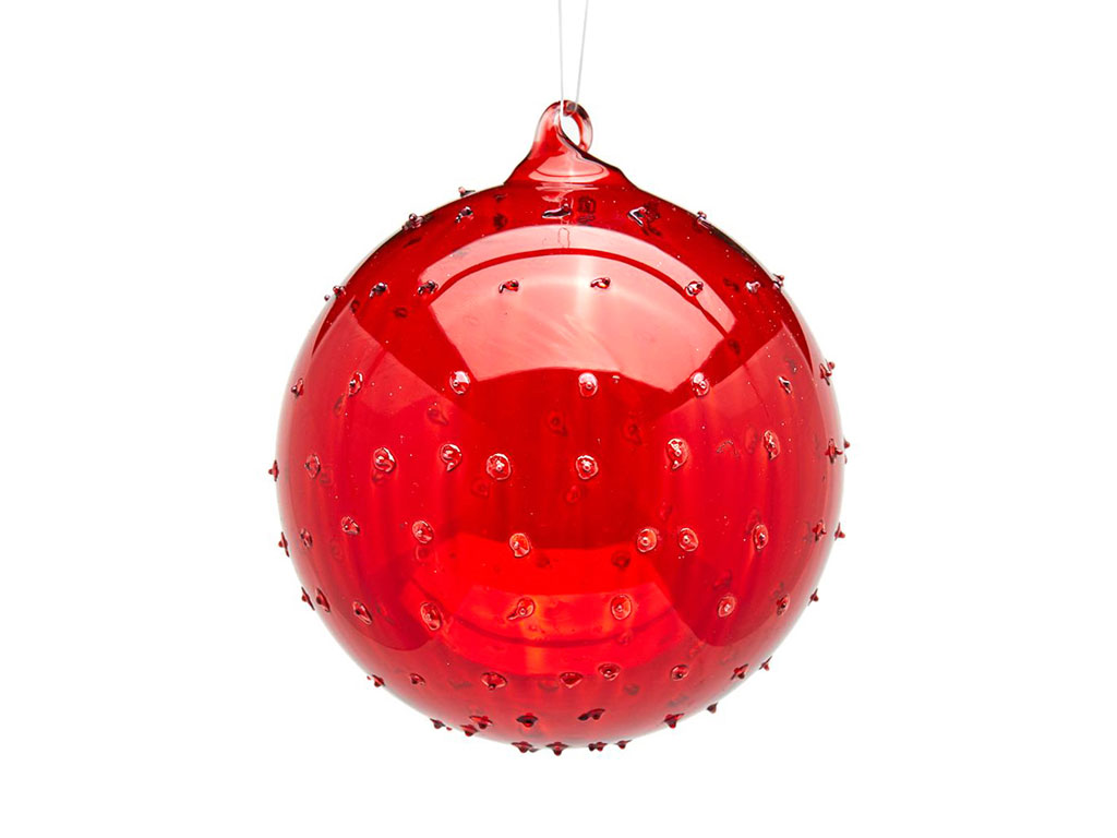 Kasanova. Boule in vetro rosso con decori in rilievo. Diametro: 12 cm. Prezzo: Euro 5,50.