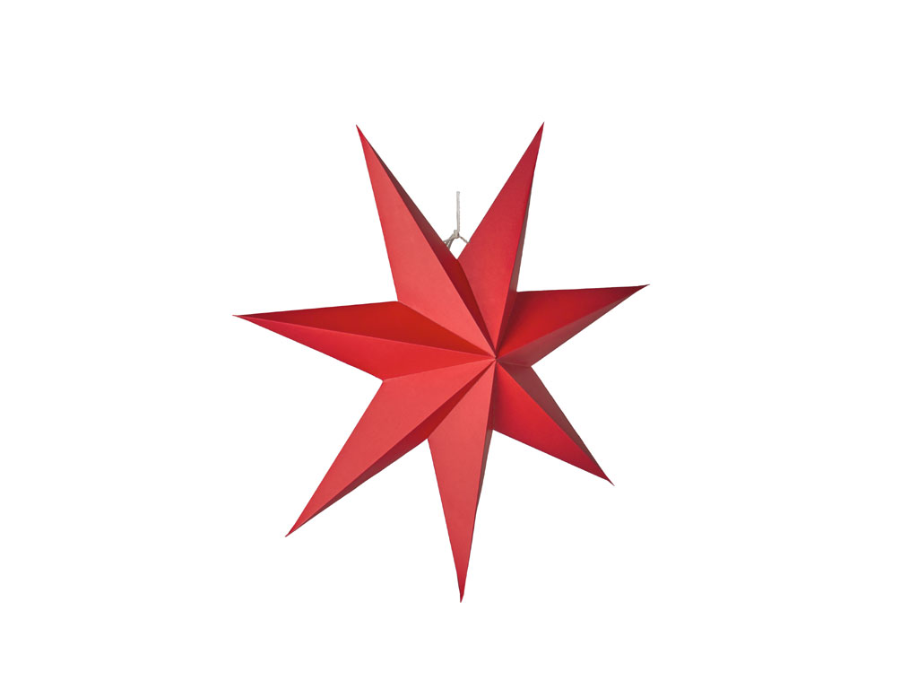 Kave Home. Una collezione di decori tridimensionali, pop up che al termine delle festività si potranno piegare e riporre con semplicità per essere riutilizzati l’anno successivo. Nell’immagine, da appendere, la stella rossa “Vica”. Prezzo: Euro 9,00.