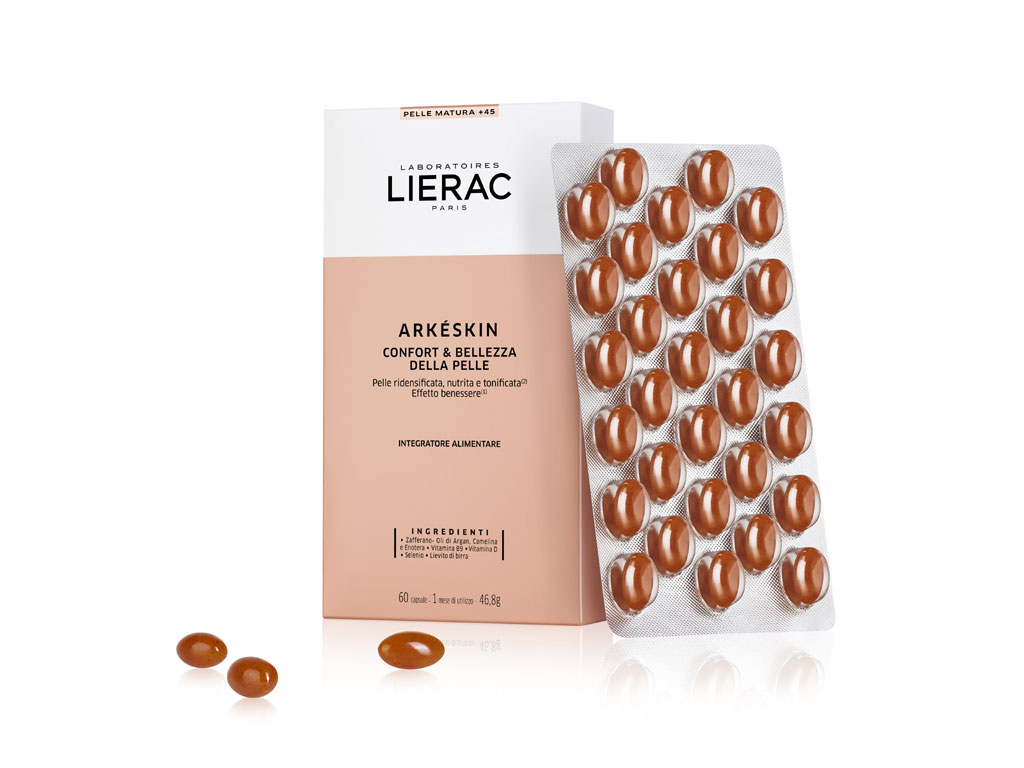 Laboratoires Lierac. Linea Arkéskin. Integratore alimentare con duplice azione per un benessere generale del corpo e della pelle. Contiene: zafferano, olio di argan, camelia e enotera, vitamina B9, vitamina D e Selenio. Confezione da 60 caps. Prezzo: euro 29,90.