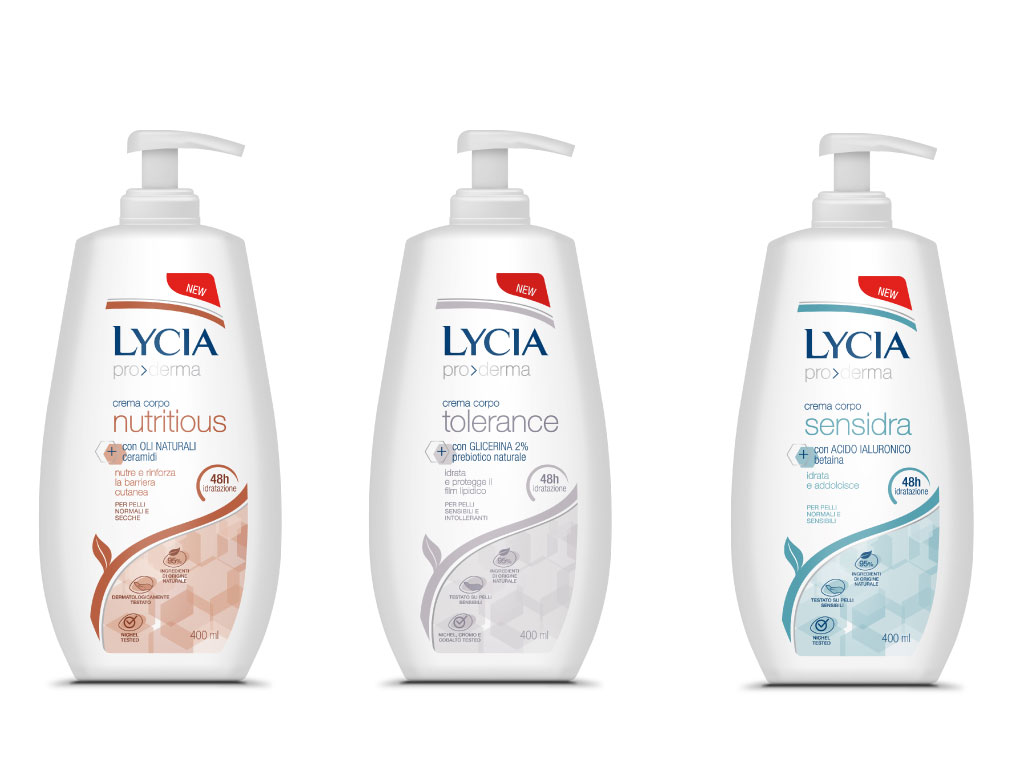 Lycia. Crema Corpo. Linea Pro>derma Nutritious, Sensidra e Tolerance. Flacone con dispenser da 400ml. Prezzo: euro 4,29.